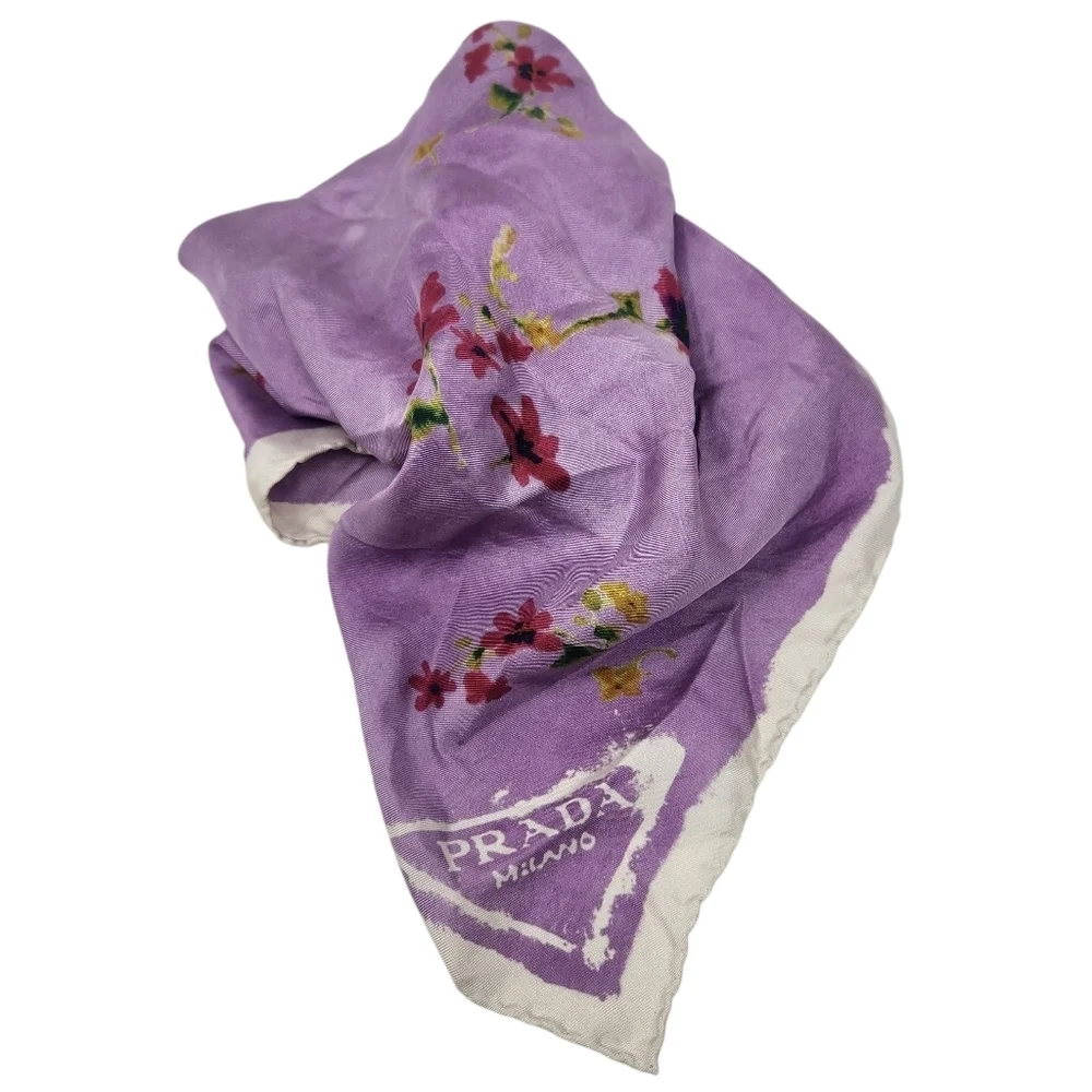 Prada | Women's Purple Printed Silk Twill Foulard Square Floral Printed Scarf